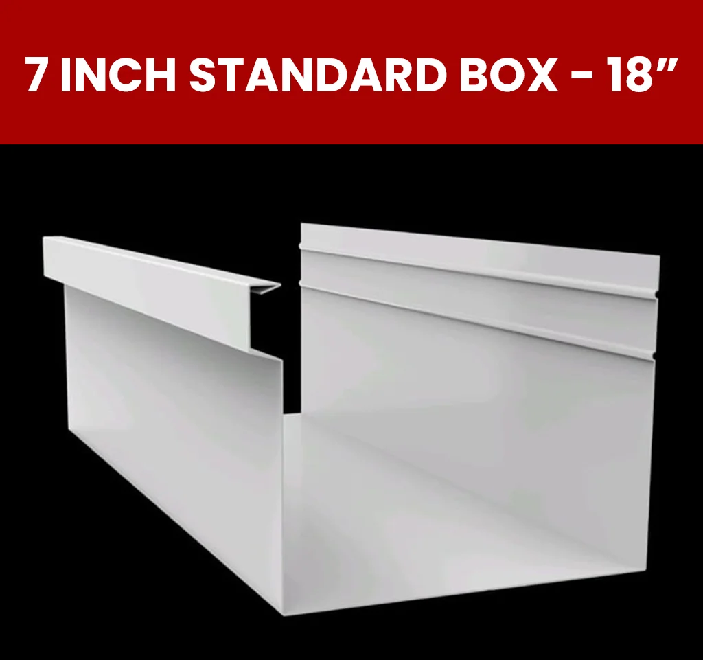 7 inch true box 18" gutter machine making a large seamless box gutter for residential homes.